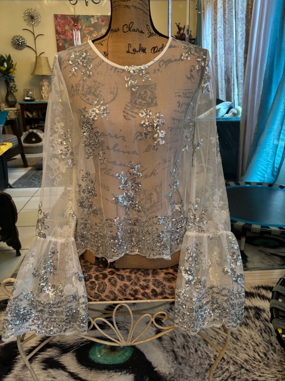 Fashion Nova Silver Sequin Mesh Top